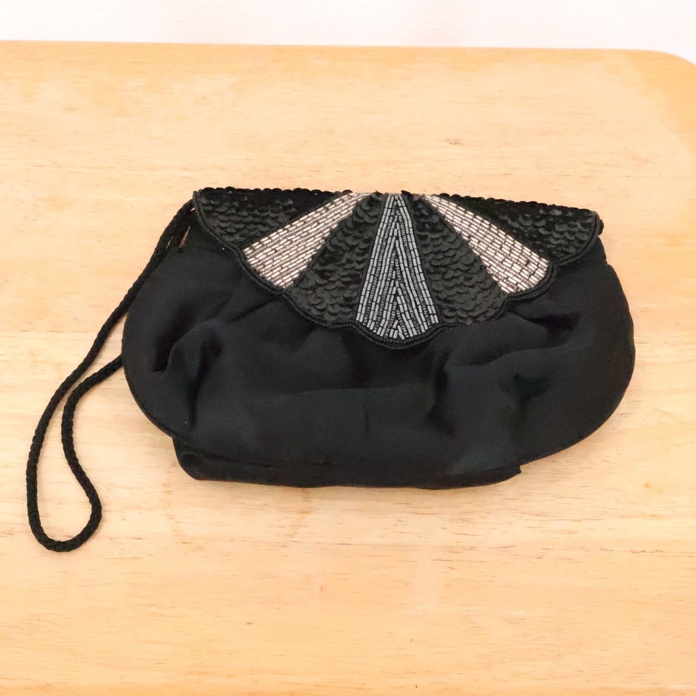 Vintage 90s Beaded Wristlet Clutch Bag Womens Black Sequin Art Deco Evening Fan